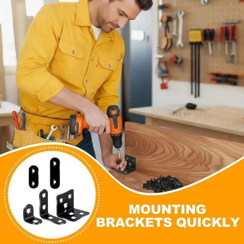 Man installing 24 Pack Stainless Steel L Brackets Heavy Duty Corner Braces For Wood Furniture And Shelves With Screws Black Metal Angles In Five Sizes
