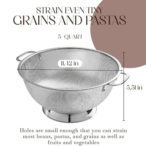 5 Quart Stainless Steel Colander With Handle For Beastly Fast Draining Fine Micro Perforations