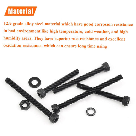 M4 Hex Socket Head Cap Screws Kit with Nuts, Washers and Black Oxide Finish, 12.9 Alloy Steel, 200 Pcs in 5 sizes
