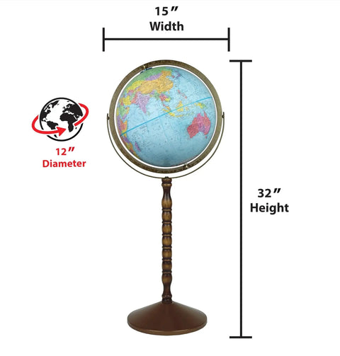 Front view of Treasury 12 Inch Globe With Raised Mountain Relief And USA Cartography, Desktop Convertible on metal stand.