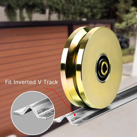 2 Pack 6 Inch V Groove Wheels With Solid Steel Sliding Wheel And Dual Sealed Bearings shown on track for heavy duty gates
