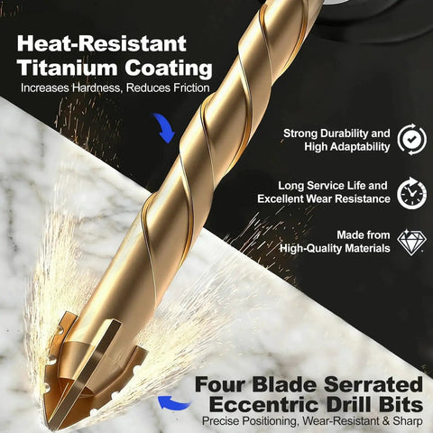Masonry Drill Bit Set For Concrete And More 10 Pc Tungsten Carbide Four Flute Serrated Eccentric Bits close-up with titanium coating.