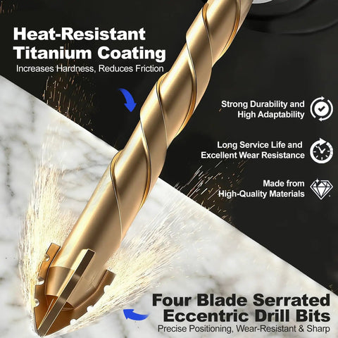 1/4 Inch Masonry Drill Bit Set 5 Pack With Carbide Tips, serrated four blade concrete drill bit showing heat-resistant titanium coating