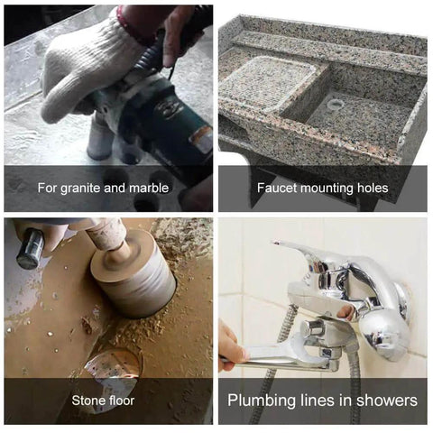 One And Three Eighths Inch Dry Diamond Core Drill Bit With Five Eighths Eleven Thread For Granite And Masonry Vacuum Brazed Side Protection For Clean Cuts Laser Welded High Frequency Bit Wet Or Dry Stone Drilling 35mm Core Size being used on granite, stone floor, and plumbing installation.