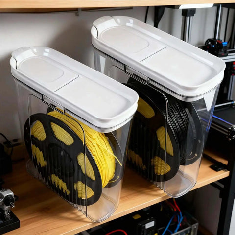 Moisture Proof And Dust Proof 3D Printing Filament Storage Box Set, 4 Pack With Desiccants showing clear box storing filament spools