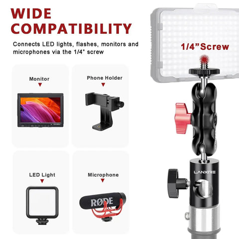 Quarter Inch Screw Mount Adapter Kit With Dual Joint Tilt For C Stand Boom Arm and Light Stand shown with LED light.