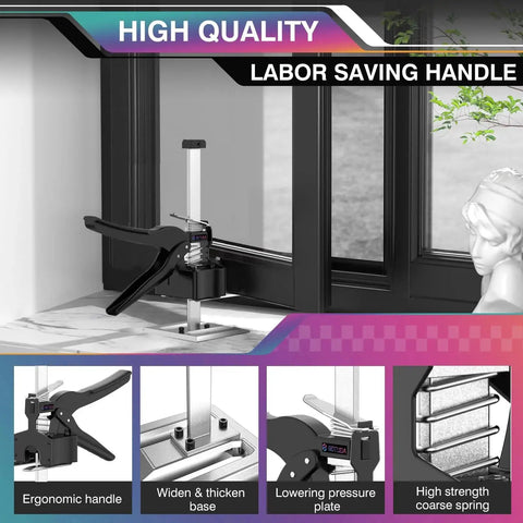 Labor Saving Lifting Arm Jack Handle 12 Inch 2 Pack For Cabinets Doors Windows, shown lifting a door near a window.
