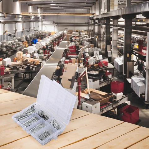 230 Piece 304 Stainless Steel Cotter Pins And Hairpin Pins Kit in clear case on wooden surface in industrial workshop