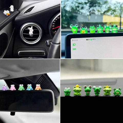 Giraffe Car Interior Decor Set For Dashboard And Rearview Mirror displayed on various car surfaces, featuring handcrafted resin figures.