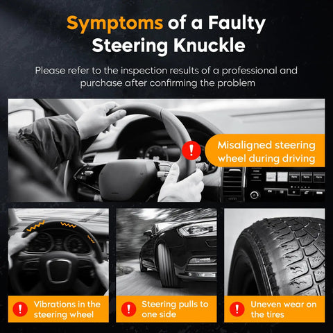 Symptoms of a faulty steering knuckle: misaligned wheel, steering vibrations, uneven tire wear, and one-sided pulling.
