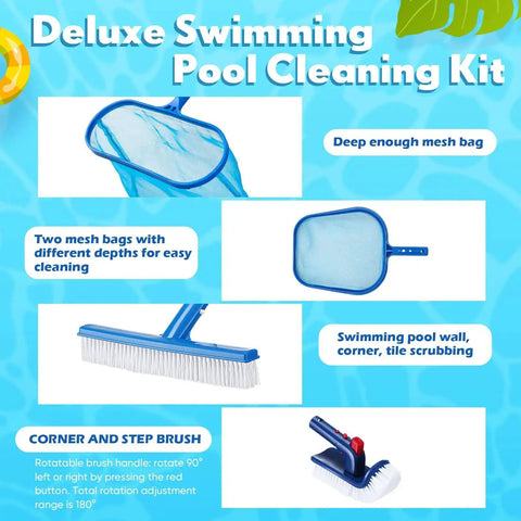 Pro Pool Cleaning Kit With Aluminum Adjustable Pole, 3 Skimmer Nets And 3 Rotating Brushes For Above Ground Pools, signage