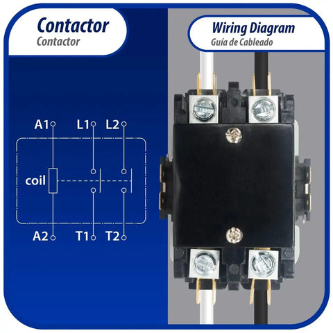 Wiring diagram and view of Heavy Duty 2 Pole Contactor APAC-240240 40 Amp 240V Coil Replacement for AC Compressors.