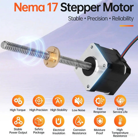 Nema 17 Stepper Motor With TR8x8 Lead Screw 200mm for 3D Printer CNC Robot, front view with icons highlighting features.