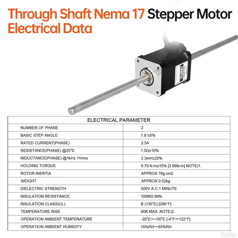 Through Shaft Nema 17 Stepper Motor Electrical Data with TR8x8 300mm Lead for 3D Printers and CNC Machines