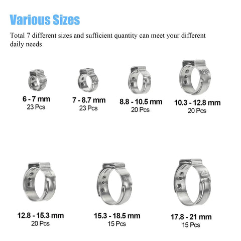 DYWISHKEY 136-pc stainless steel single-ear hose clamps set, 7–21 mm, seven sizes, Amazon brand