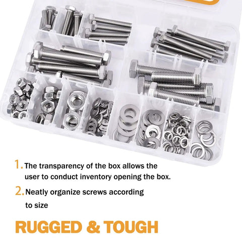 Heavy Duty Stainless Steel Bolts Kit With 304 Stainless M6 M8 M10 Hex Bolts Nuts Washers Screws, 9 Sizes, 190 Pieces, VIGRUE