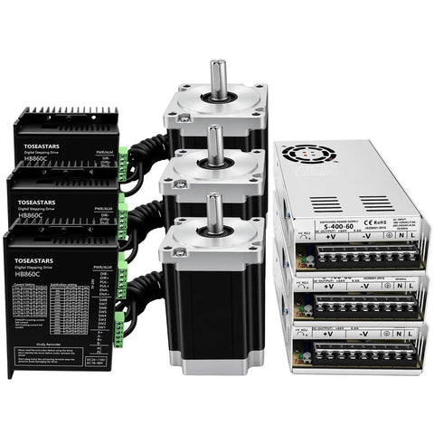 3 Axis Nema 34 Stepper Motor Kit CNC Controller with Beefy 8.5Nm Torque Motors, HB860C Drivers, and 60V Power Supplies