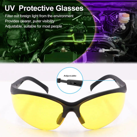 Automotive Air Conditioner Leak Detector Flashlight With 68 LED UV Dye Leak Kit And Protective Glasses showing yellow UV filter glasses
