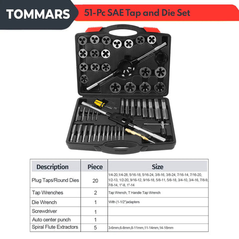 Jumbo 51 Piece Tap And Die Set For 1 4 20 To 1 14 SAE Threads with internal and external threading in open case
