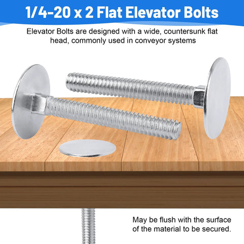 Two zinc elevator bolts with flat heads and threaded shanks, 1/4-20 x 2, on a wooden surface.