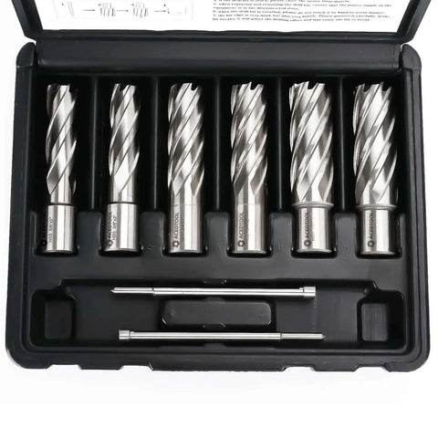 Beast Annular Cutter Set For Magnetic Drills, 6 Pc Weldon Shank M2 HSS Bits With 2 Inch Cutting Depth, in portable case