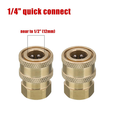 Quick Connect Pressure Washer Coupler 1 Quarter Inch NPT Brass Socket And Female Thread Fitting For Easy Gun And Nozzle Swaps Ball Lock Design Delivers A Solid Connection Every Time, two brass couplers showing ball lock design