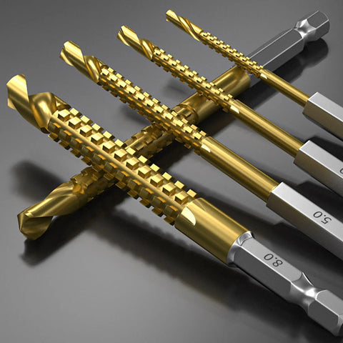 Close-up view of Titanium Coated HSS Twist Drill Bit Set for Woodworking with Hex Shank, 5 Piece Sizes 1/8 In to 5/16 In.