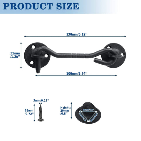 Heavy Duty Privacy Hook And Eye Latch, 4 Inch Long For Barn Doors, Gates, Cabinets And Windows, No Muss No Fuss Easy Lock Hardware Kit with product dimensions