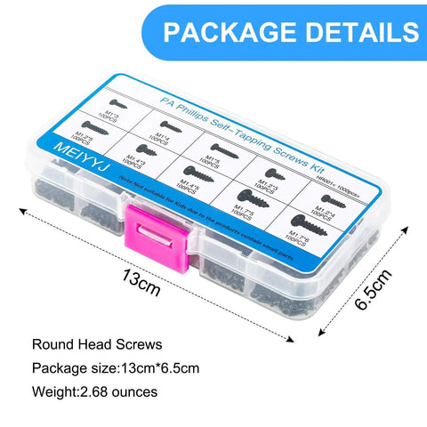 Small Phillips Head Micro Screws Kit in Ten Sizes M1 M1.2 M1.4 M1.7 Self Tapping Electronics Screws Assortment Pack of 1000 for PCBs and DIY Projects for Makers in box
