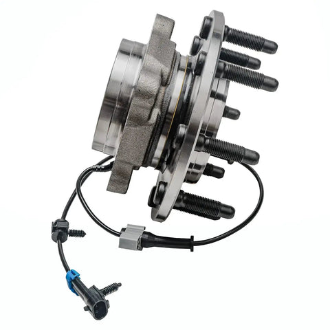 Side view of Beefy Front Wheel Bearing Hub Assembly Set For Silverado 2500 HD, 3500 HD, Sierra 2500 HD, Suburban 2500, Yukon XL 2500 And Hummer H2 Wheel Bearing Hub Replacement Pair showing bolts and ABS cable