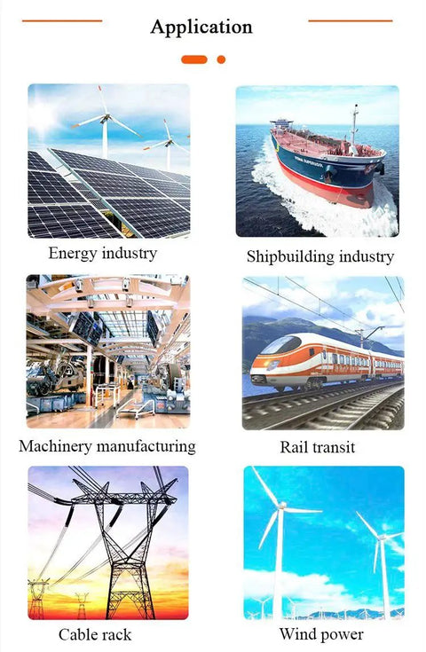 Applications of Beefy Heavy Duty Half Inch By Twenty Four Inch Stainless Steel Hose Clamps in energy, shipbuilding, machinery, rail, cables, wind power.