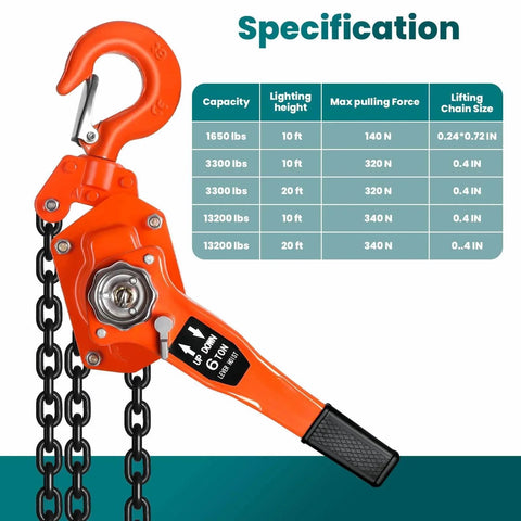 Manual Chain Hoist 6 Ton Come Along 13200 Lbs Capacity 20 Ft Lift Galvanized Carbon Steel With G80 Chain Double Pawl Brake Auto Chain Lead