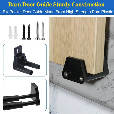 Close-up of RV Sliding Door Guide Kit, Barn Door Floor Guide And Adjustable Wall Mount Sliding Door Guide With Screws, Black 2-Pack on floor.