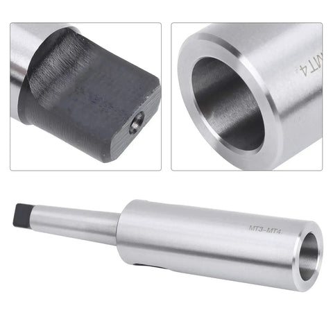 Morse taper reducing drill sleeve MT3 end with set screw, black finish
MT4 bore opening of reducing Morse taper adapter, silver metal
MT3-MT4 Morse taper reducing sleeve, silver metal, side view