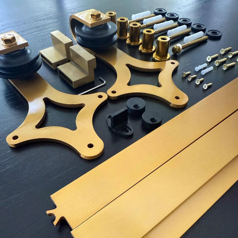 Gold Barn Door Hardware Kit With 72 Inch Adjustable Length On A 6-Foot Track, Diamond Shaped Rollers, Modern Sliding Door System