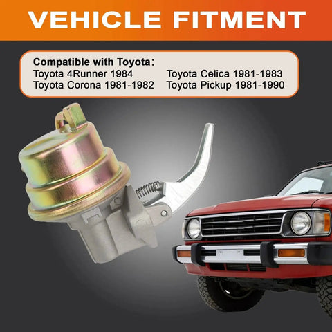 Direct Fit Mechanical Fuel Pump Replacement M60416 For Toyota 4Runner 1984 Celica 1981 1983 Corona 1981 1982 And Pickup 1981 1990 With OE Style Casting And Roller Design For Reliable Performance shown with compatible vehicles