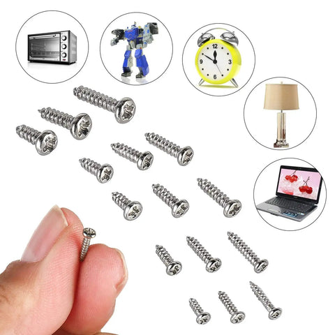 Silver Tiny Electronics Screws Kit 750 Pcs Set With M1 To M1.7 Phillips Pan Head Self Tapping Screws shown with electronic devices.