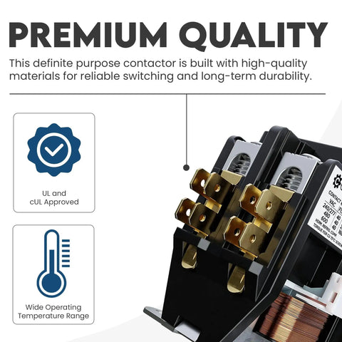 2-Pole Definite Purpose Contactor With 120V Coil 40 Amp Heavy Duty HVAC Switch, close-up of features and quality certification