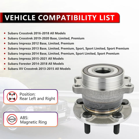 Rear Wheel Bearing And Hub Assembly Pair For Subaru Crosstrek 2016 Through 2018, Crosstrek 2019 Through 2020, Impreza 2012 Through 2021, Forester 2014 Through 2018 And XV Crosstrek 2013 Through 2015 5 Lug Durable OEM Grade shown with vehicle compatibility list in background.