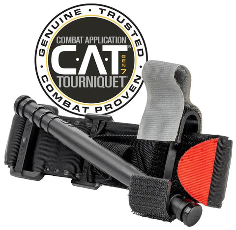 IPOK Compact First Aid Kit With C A T Tourniquet Gauze And Gloves By North American Rescue Grab And Go Hemorrhage Control Kit For Traumatic Injuries Pocket Sized For BDU Pocket Vest Pouch Or Bag showing CAT tourniquet with red tip and black strap.