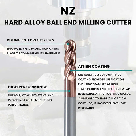 4 Flute TiSiN Coated Ball Nose End Mill, 1/16 Inch Cutting Diameter, shown in close-up with focus on coating and performance features.