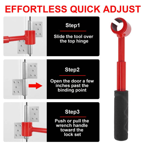 Diagram showing steps to use 4 In 1 Door Hinge Adjustment Tool Kit With 14mm 18mm 23mm And 25mm Wrenches for door alignment.