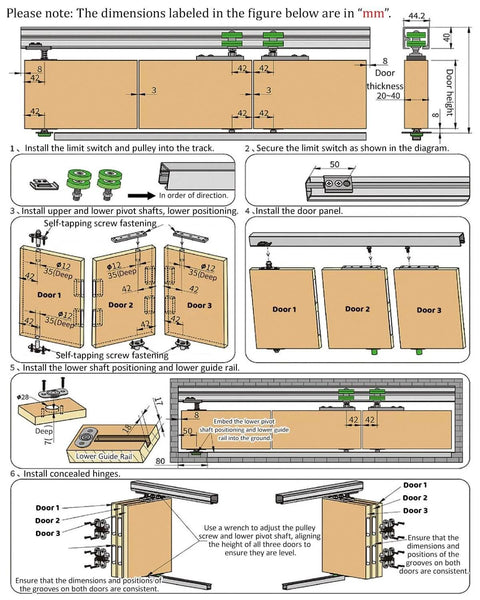 Installation diagram of Sliding Barn Door Hardware Track Kit for wardrobe and cabinet doors, showing parts and assembly steps.