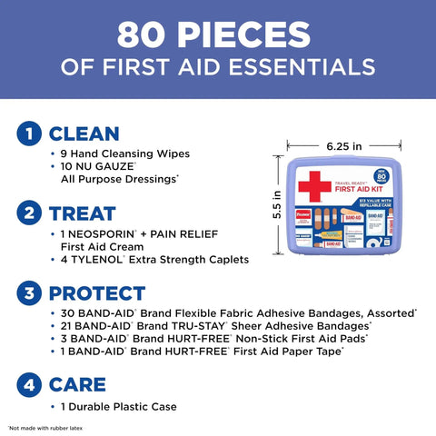 Travel Ready 80-Piece First Aid Kit For Home Car Travel Camping Essentials With Band-Aid Brand Wound Care Supplies in case