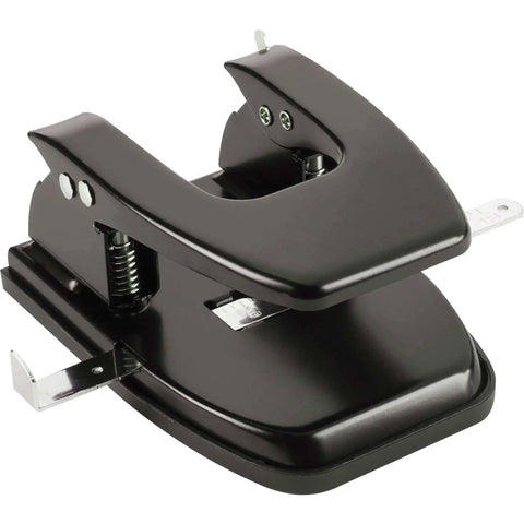 Black Workhorse Two Hole Puncher for Paper with 30 Sheet Capacity Adjustable Guide and Locking Mechanism, heavy duty office tool.