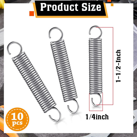 Stainless steel extension springs with hooks; three visible, 1/4 in diameter x 1-1/2 in length.