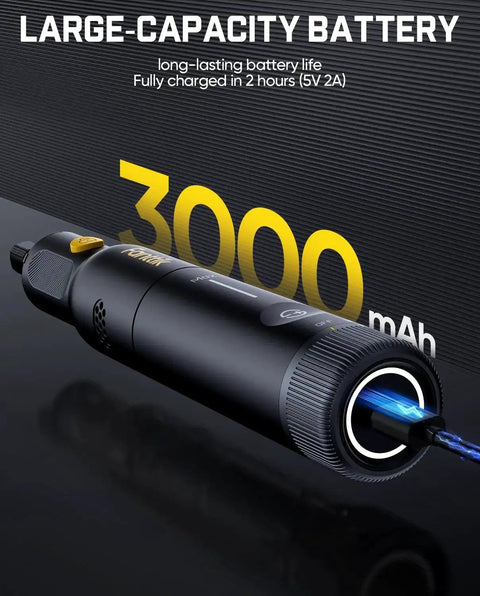 Cordless Rotary Tool Kit With 25000 RPM Motor 5 Speed Settings 44 Accessories showcased with 3000mAh battery capacity.