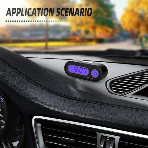 Car Digital Temperature And Time Clock With LCD Backlight And Celsius Readout mounted on car dashboard