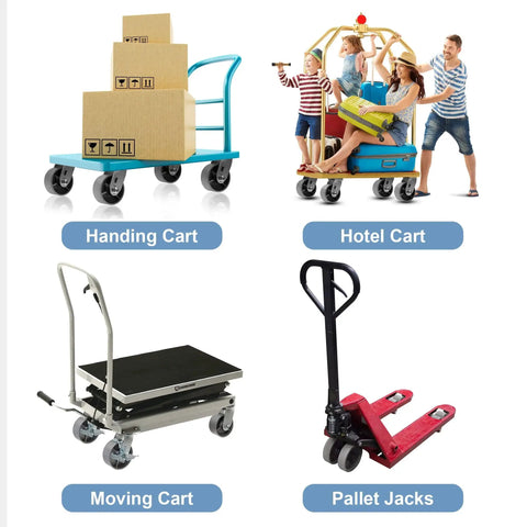 Various carts and jacks including handing cart, hotel cart, moving cart, and pallet jack, showcasing different uses and designs.