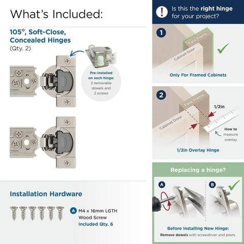 Soft Close Concealed Hinge Set For Face Frame Cabinets Half Inch Overlay 105 Degree Opening 3 Way Adjustable Durable Compact Hardware 2 Pack By Amerock shown with installation instructions and screws.